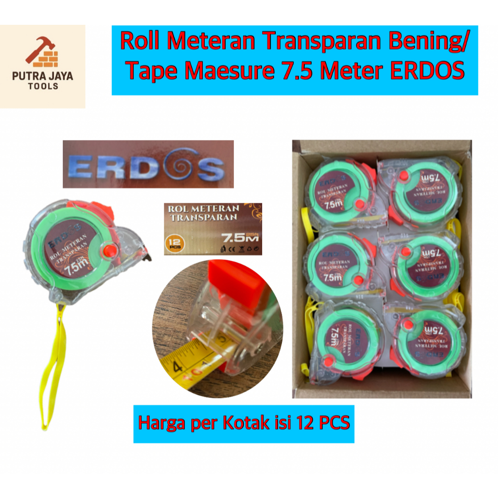 Roll Meter Transparan Bening / Tape Measure 7.5 Meter ERDOS HARGA 1 KOTAK ISI 12 PCS
