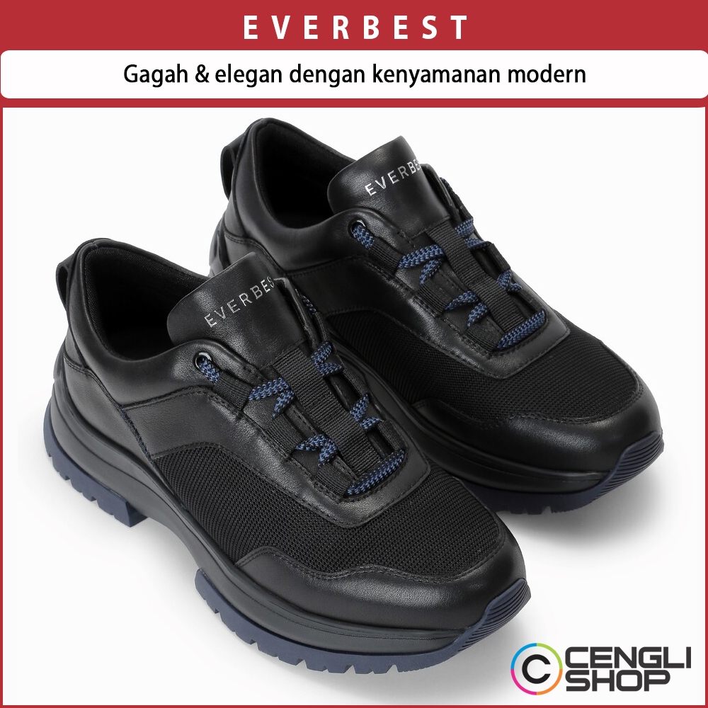 EVERBEST SEPATU SNEAKER KASUAL PRIA ORIGINAL SNEAKERS CASUAL KETS KULIT ASLI ORI HITAM BLACK EMA2