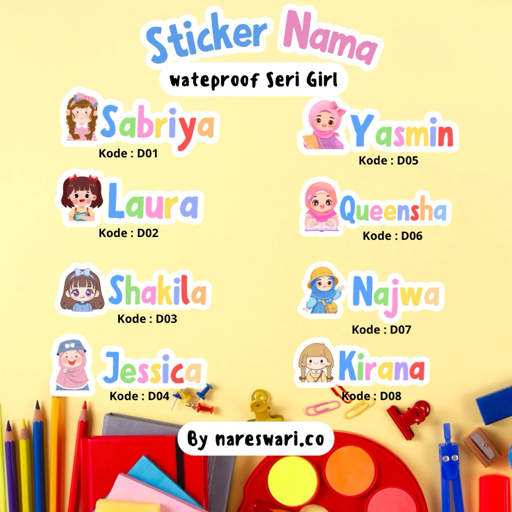 

Sticker Nama Anak Cewek / Cowok lucu Waterproof anti air custom (bukan Sticker baju)