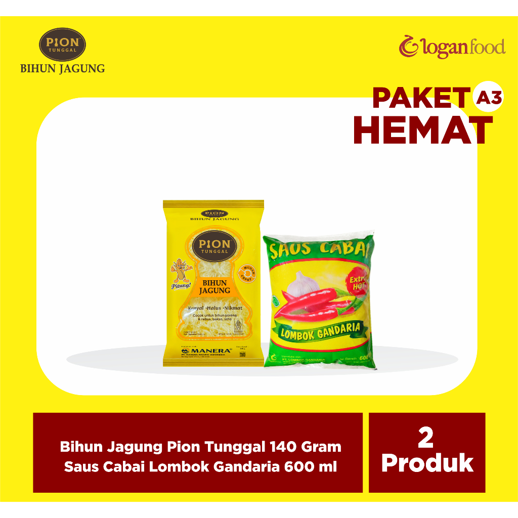 

PAKET HEMAT (A3) - BIHUN JAGUNG PION KUNING - SAOS CABAI LOMBOK GANDARIA 600ML