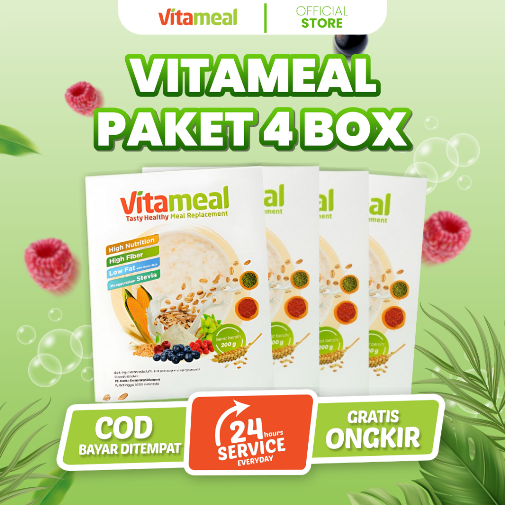 

VITAMEAL 4 BOX Sereal Multigrain Sehat Herbal Alami Turunkan Gula Darah Lemak Kolesterol Hipertensi VITAMILK KEBAS