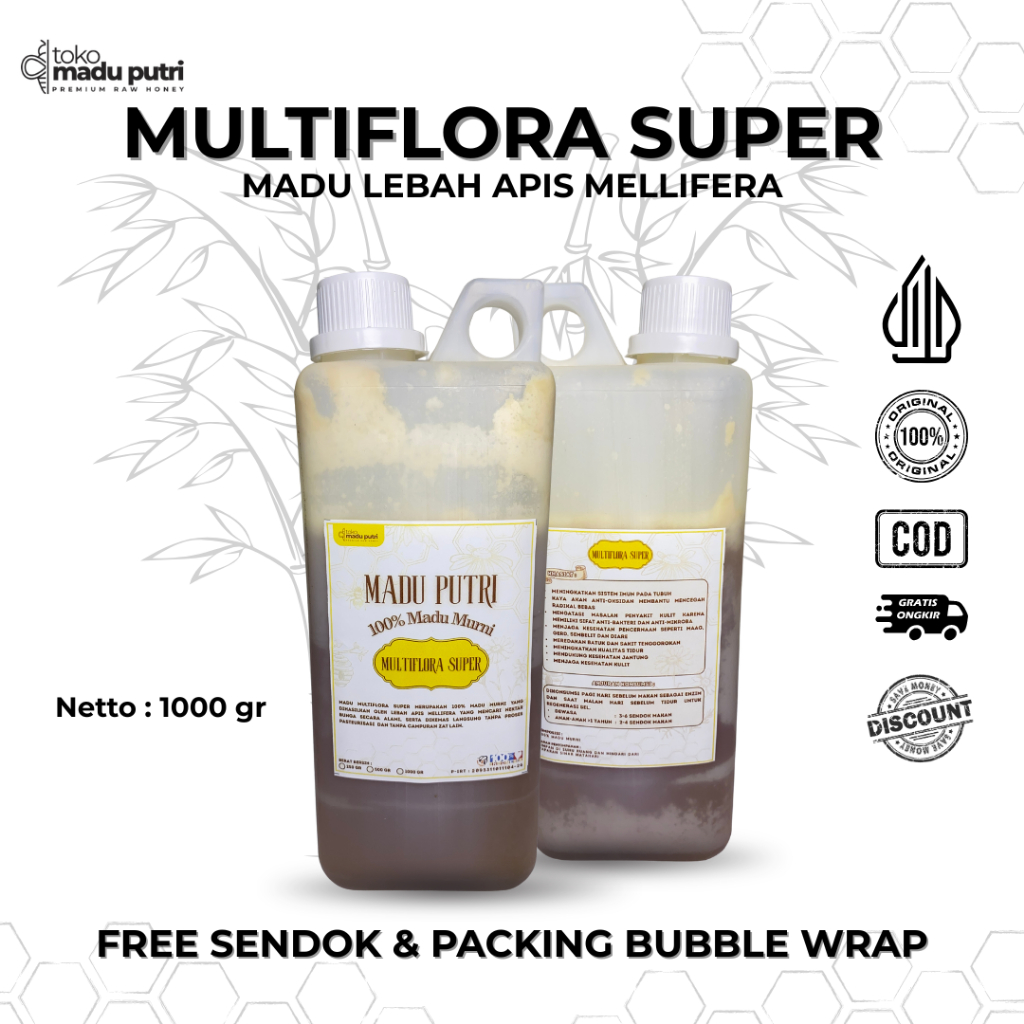 

Madu Putri Madu Multiflora Super 1Kg dan 500Gr Kualitas Premium, 100% Murni, Menjaga Stamina & Imun