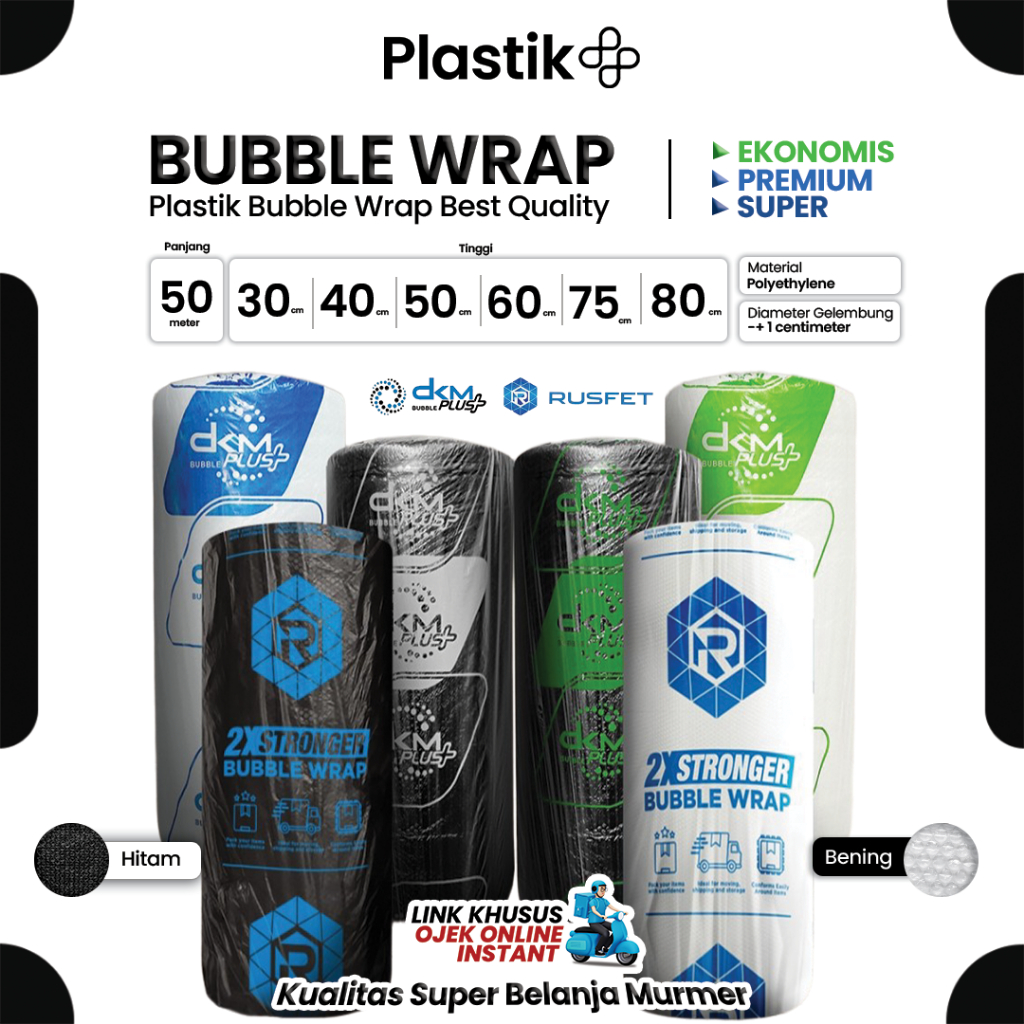 

Plastik Bubble Wrap DKM Potongan 30cm 40cm 60cm 80cm x Panjang 50meter Warna Putih Bening & Hitam