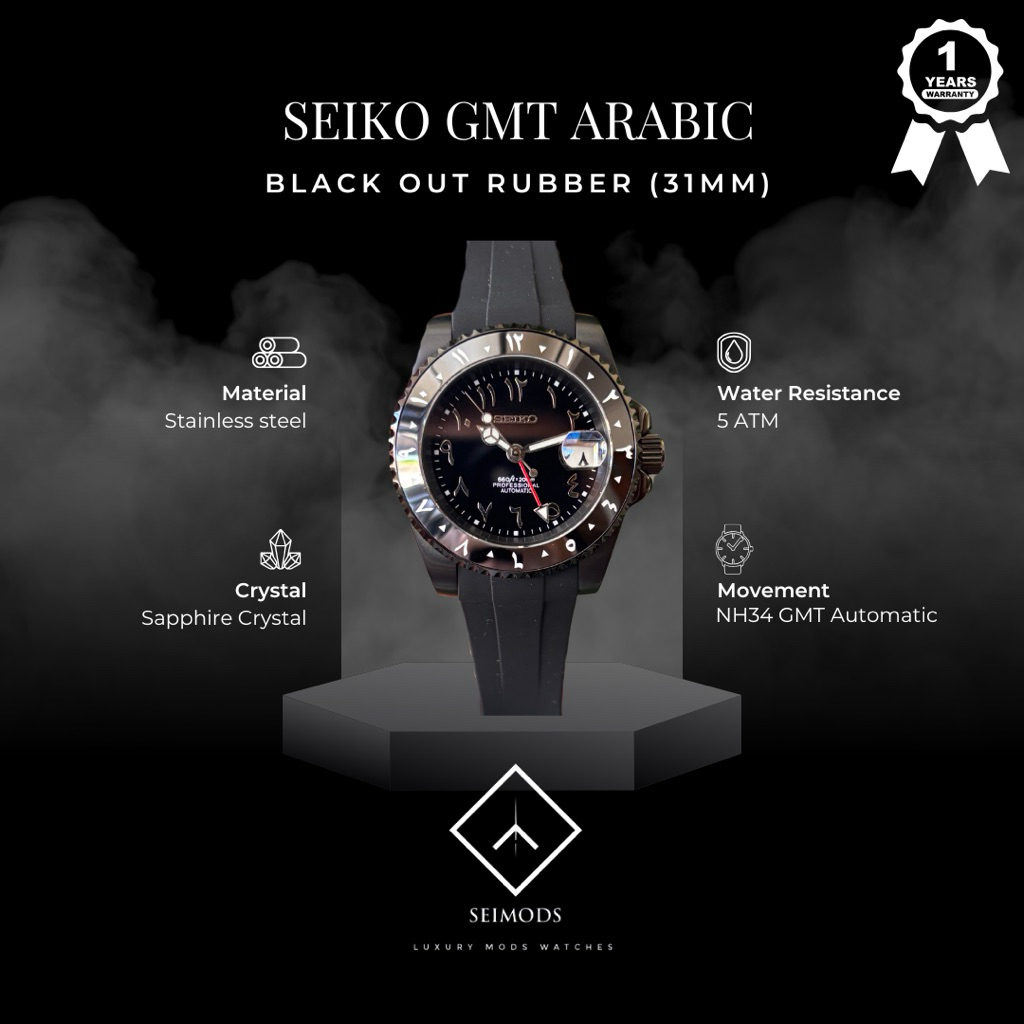 Jam Tangan Seiko Mod Arabic GMT NH34 Automatic Arabic Dates Arab Dial Submarine Watch