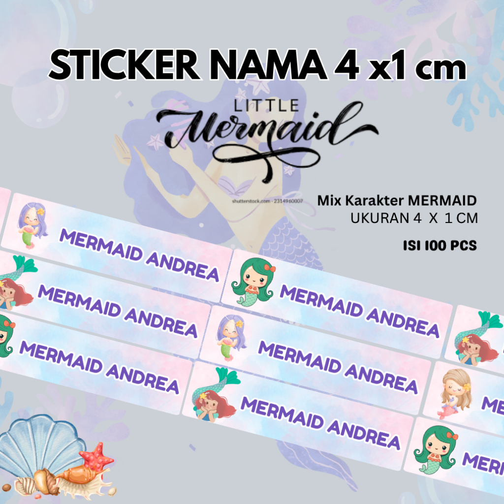 

100pcs Siap kirim Sticker Label Nama Tahan Air Anti Air Mermaid Girl uk 4x1 cm custom nama