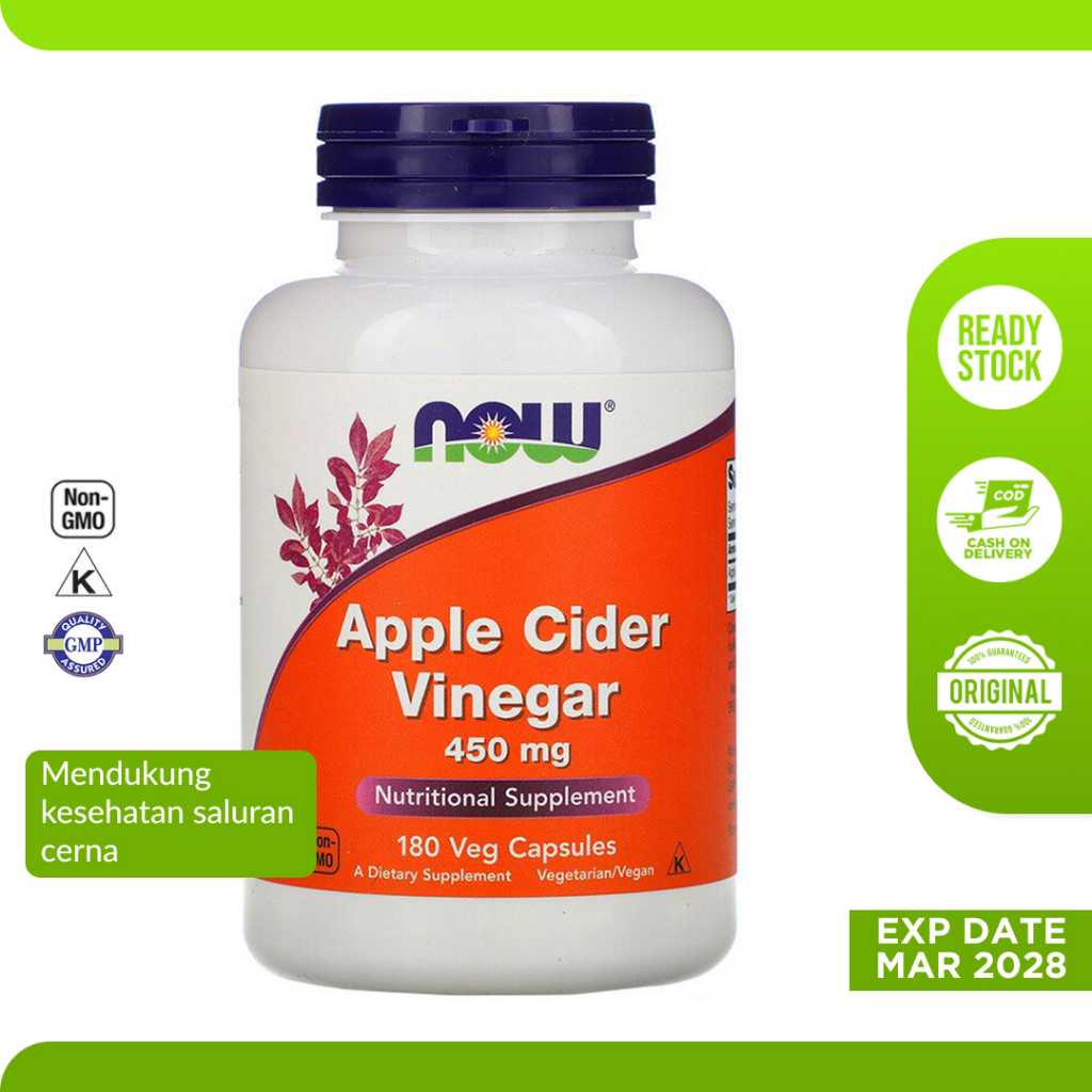 Vitamin Suplemen Apple Cider Vinegar 450 mg Now 180 Veg Kapsul - Diet Pencernaan Sehat
