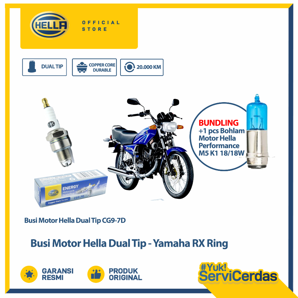 Busi Motor Yamaha RX king Hella Dual Tip CG9-7D Bundling Bohlam Motor M5 12V 18/18W 4500K-1 - Lampu 