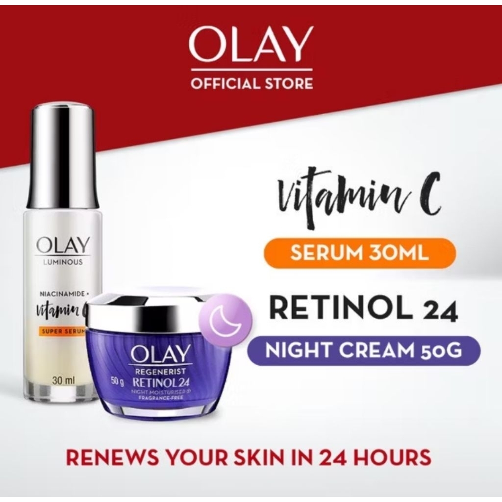 PAKET FLEK OLAY Luminous Serum Vitamin C 30ml + Regenerist Retinol24 Night Moisturizer 50gr