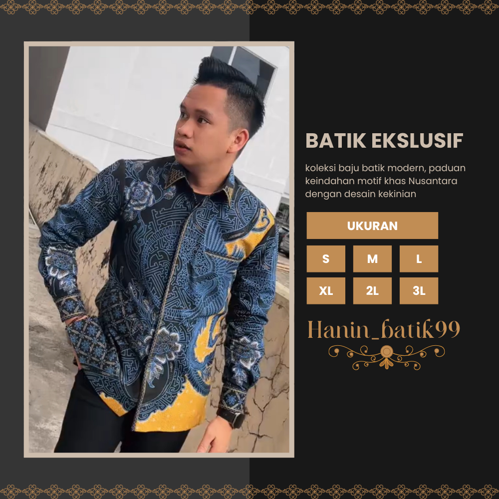 Baju Batik Cowok Lengan Panjang Biru HItam Eksklusif Premium Keren 100% Original