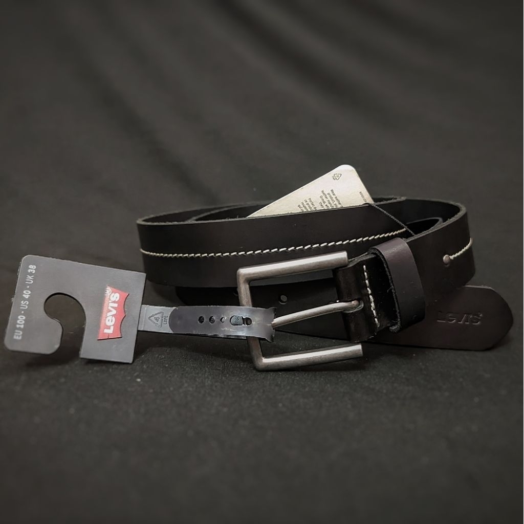 Ikat Pinggang Lev is Lv's Stitched Harness Belt Black Original 100% Bovine Leather Full Grain