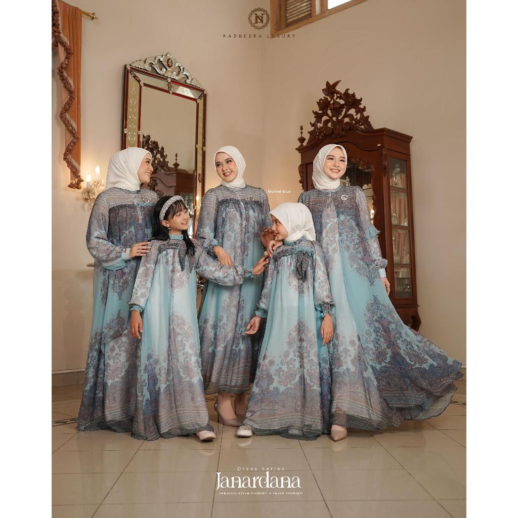 JANARDANA FAMSET MARINE BLUE BY NADHEERA LUXURY GAMIS WANITA DAN ANAK KEMEJA PRIA DAN ANAK