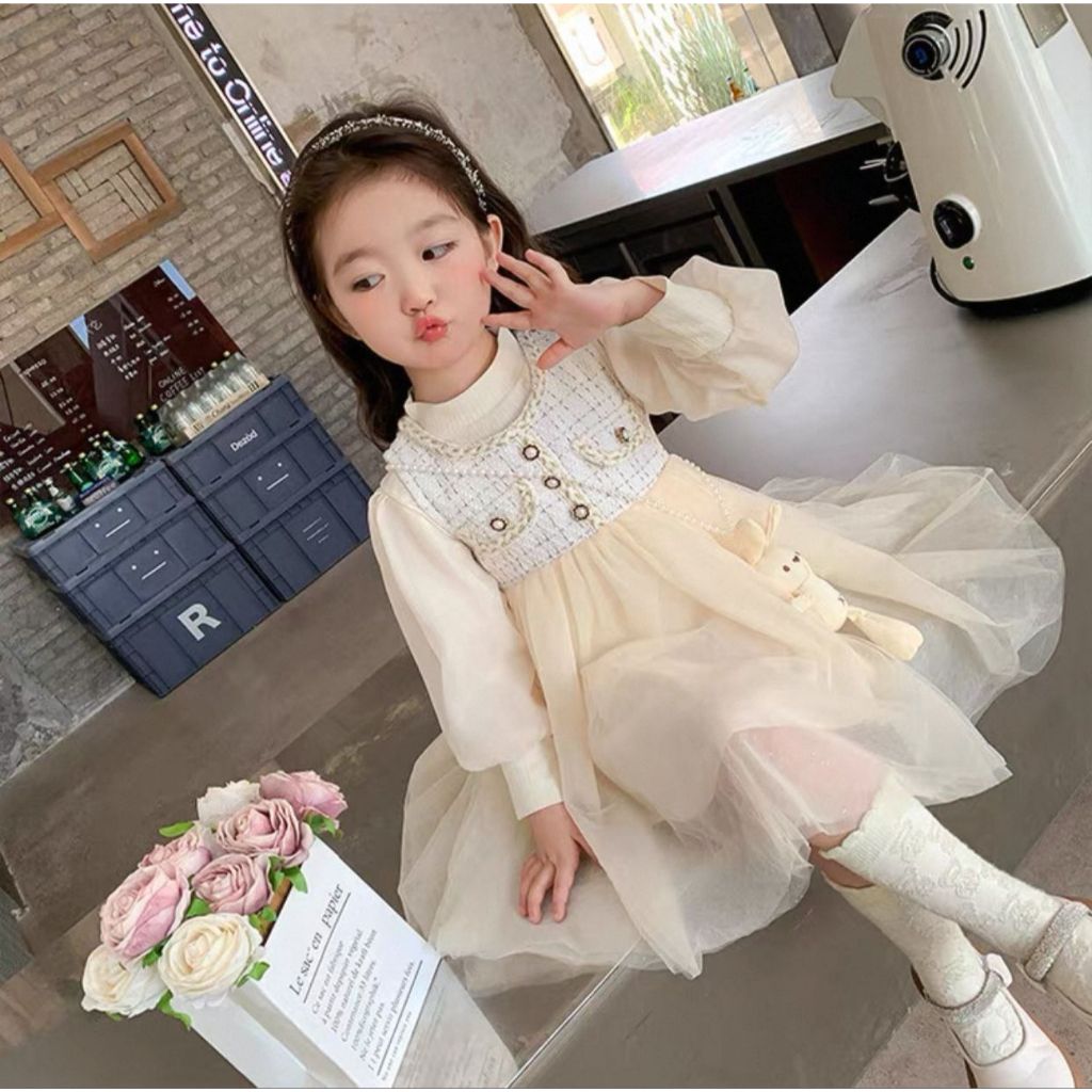 Dress Tweed Klasik 2in1 Anak Perempuan Usia 1-4 Tahun | Baju Lengan Panjang Balon Bludru Kombinasi R