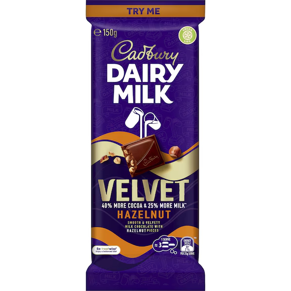 

Cadbury Dairy Milk Velvet Hazelnut Chocolate Block 150g AUSTRALIA