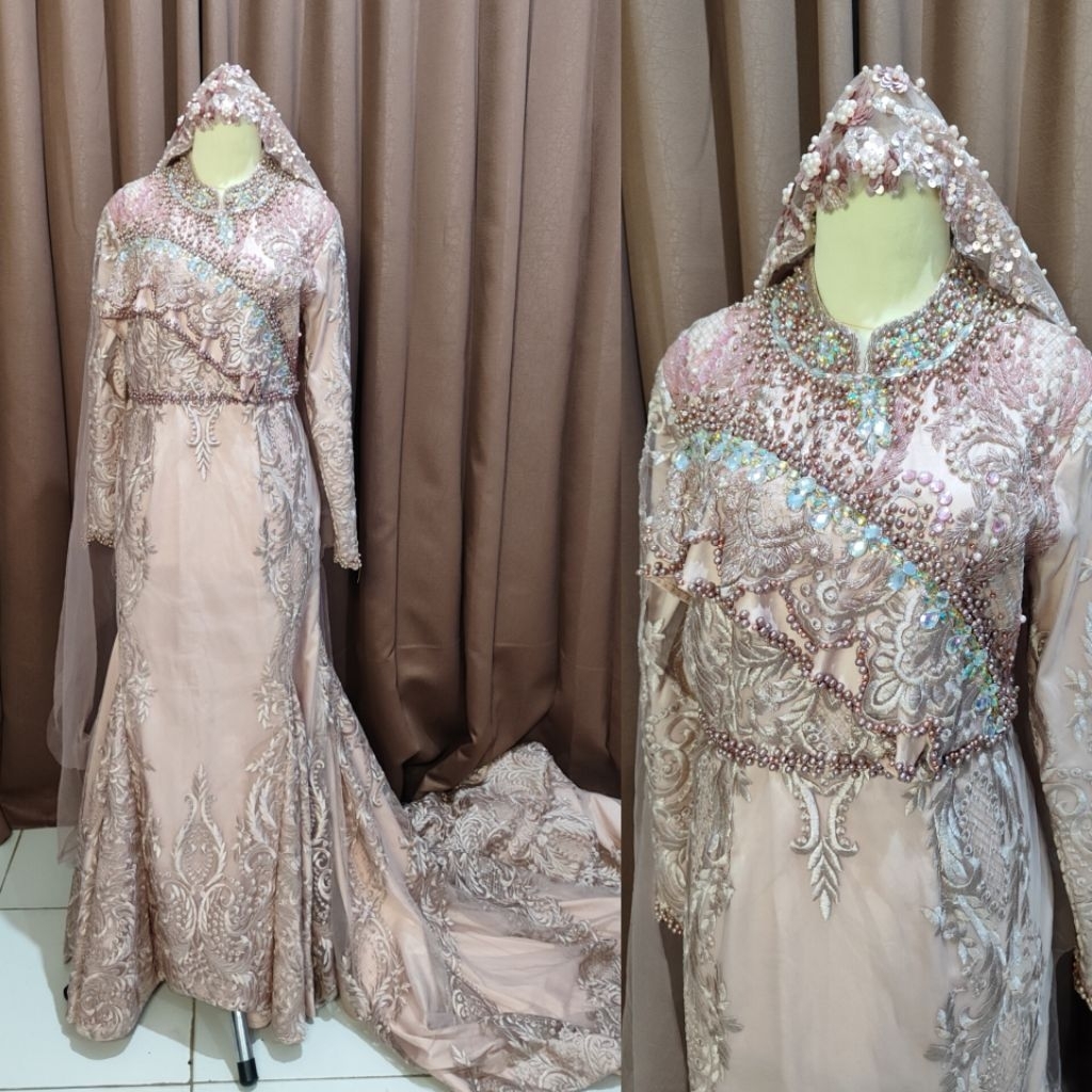 Gaun duyung warna baby pink ada ekor / gaun pengantin preloved