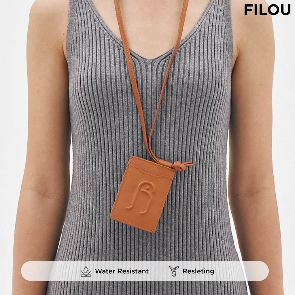 

FILOU PU Leather Crafted Lanyard Tali Gantung Kartu dengan Slot Kartu Unisex