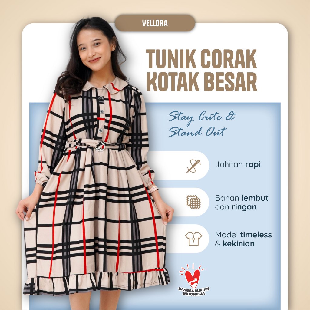 Tunik Kerah Beltring Motif Kotak Besar Bahan Voxy Tunik Motif Vellora