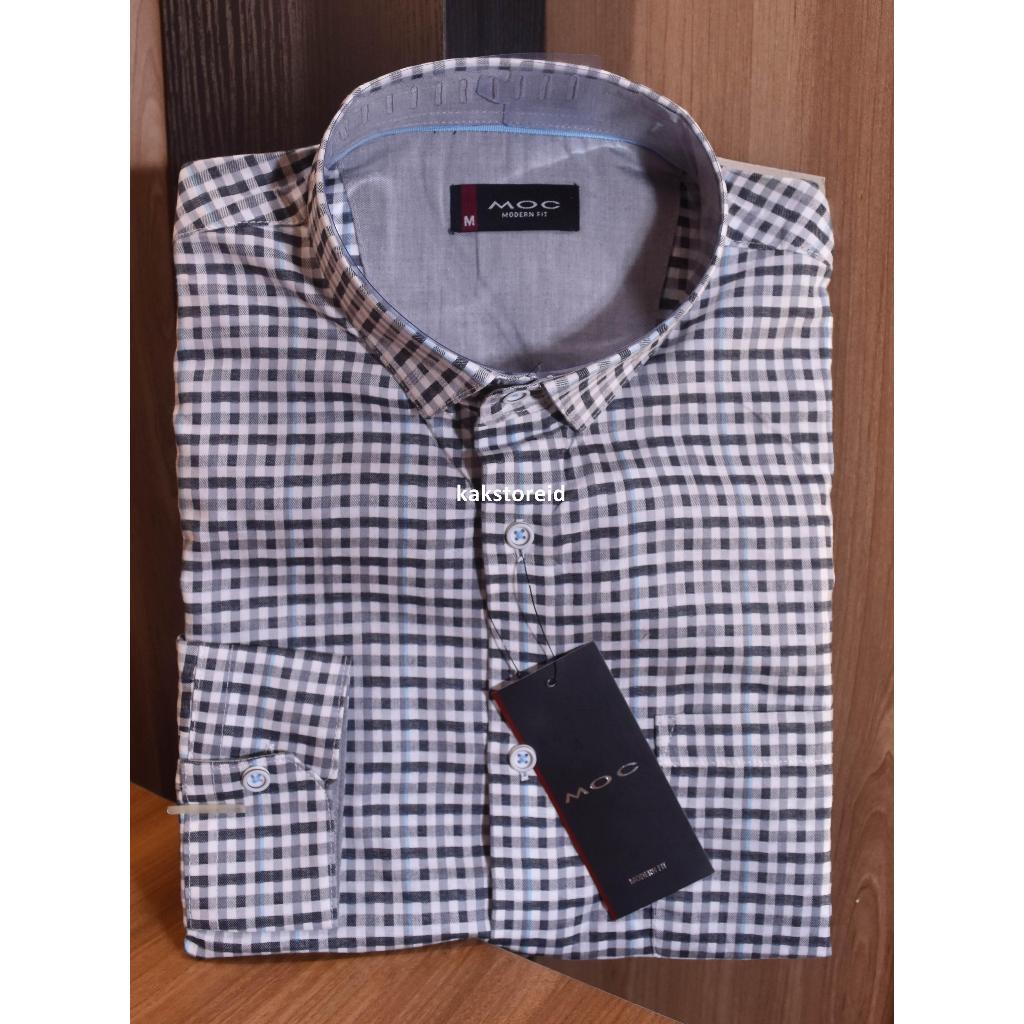 Kemeja Pria MOC Lengan Panjang Hitam Garis Kotak Modern Fit KMM 05 #Kemeja Murah