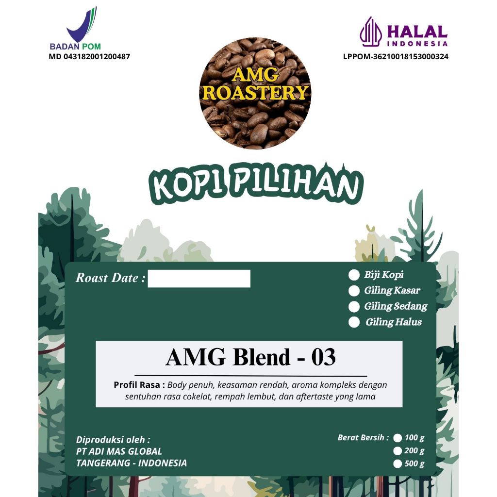 

Kopi Premium Blend AMG-03/Arabika Sidikalang & Mandailing – Biji atau Bubuk – 100g / 200g / 500g – Fresh Roast, Sertifikat Halal & BPOM