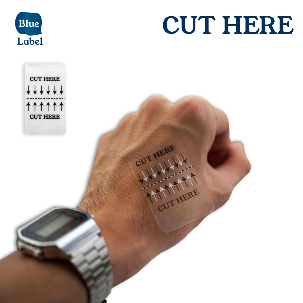 

Blue Label Stiker ' Cut Here' bahan Transparan ukuran 5 x3 cm | Label Stiker Tanda Cutting
