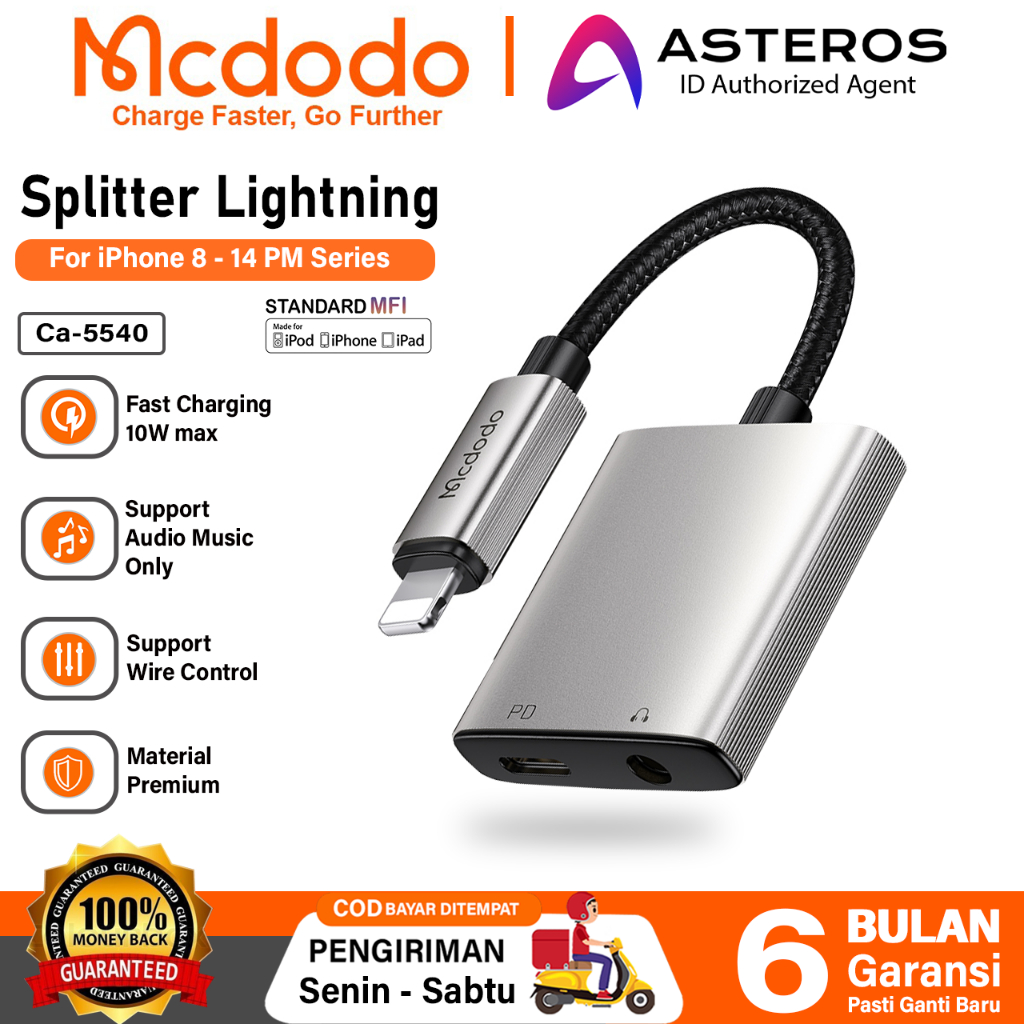 MCDODO Splitter iPhone Lighning to Jack 3.5Mm Open Mic + Charging