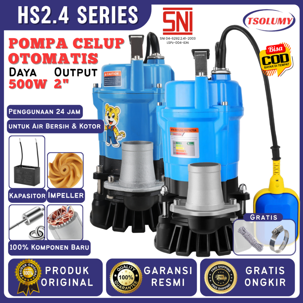 Tsolumy Pompa Celup Air Kotor  Manual HS2.4-500 Otomatis HS2.4-500F Pompa Sawah Kolam Ikan Lumpur