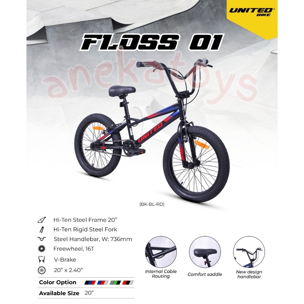 (BONUS POMPA) Sepeda BMX Anak Laki United Floss 01 Hi-Ten Steel 20x2.25 Inch Rem Vbrake Frame 20" Ha
