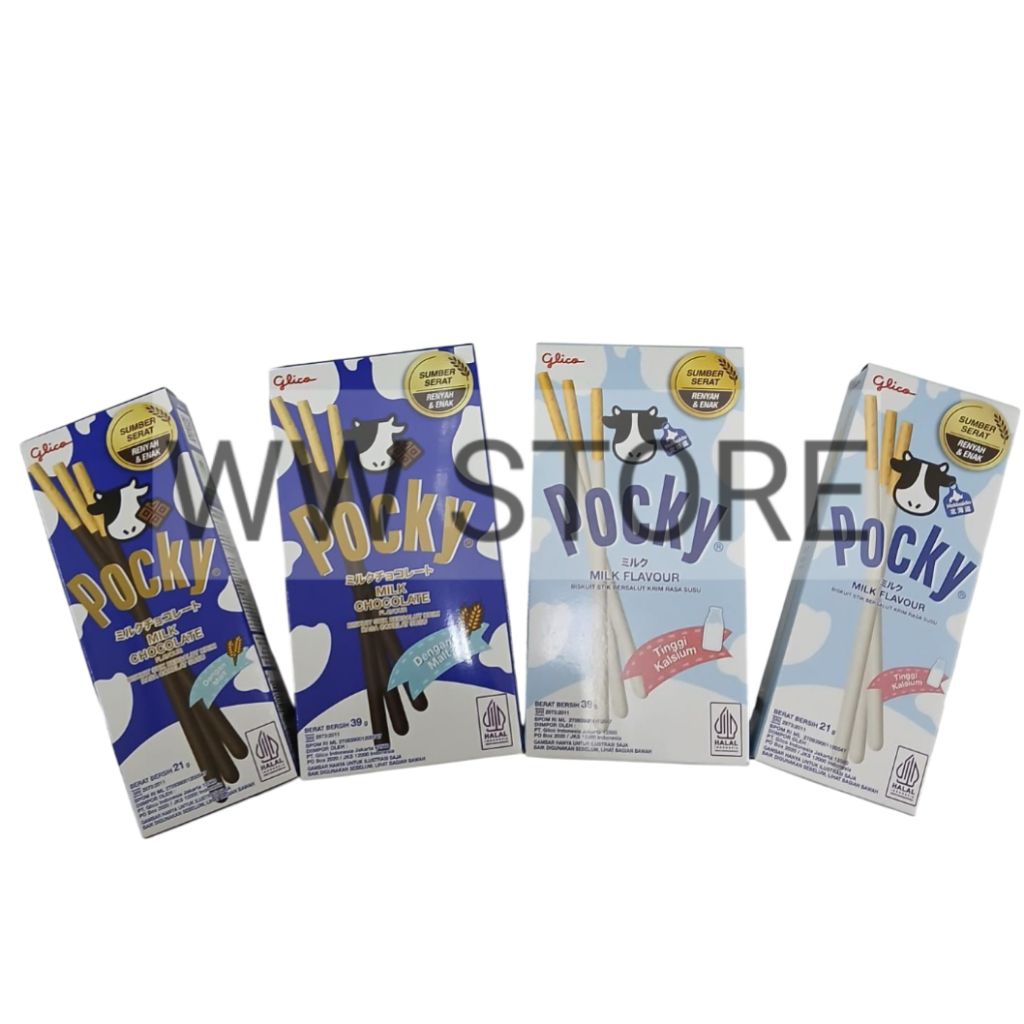 

Biskuit stik bersalut krim rasa coklat cokelat susu halal MUI Glico Pocky Milk / Chocolate Malt flavour flavor biscuit stick sticks 21g 39g