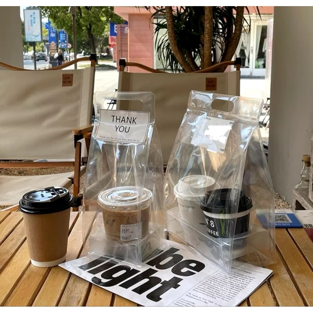 

5pcs Tas Plastik Transparan Tebal Kopi Milk Tea Packaging Bag Jinjing Velcro Take Away Disposable Gift