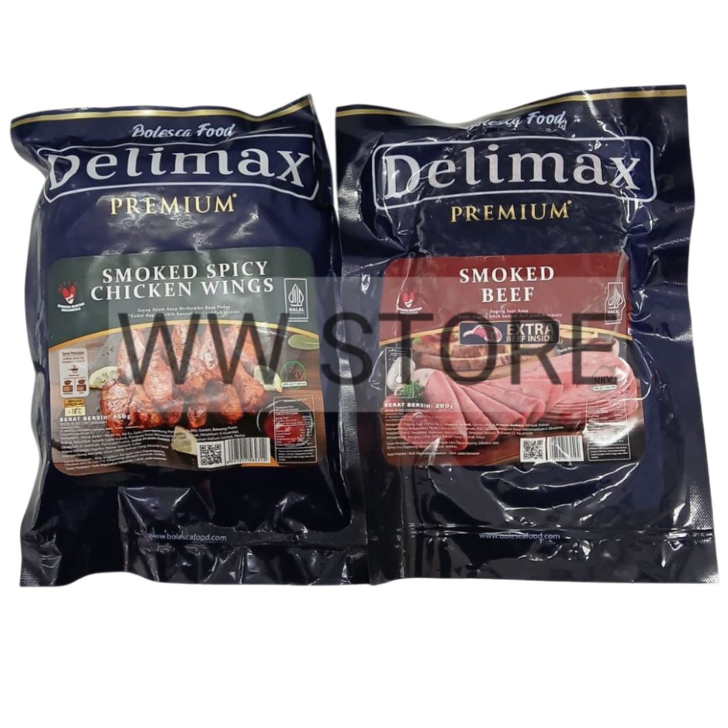 

Daging sayap ayam berbumbu rasa pedas /sapi asap halal MUI Bolesca Food Delimax PREMIUM SMOKED BEEF 200g SPICY CHICKEN WINGS 450g