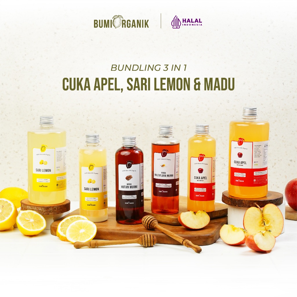 

PAKET 3 IN 1 SARI LEMON CUKA APEL & MADU MULTIFLORA / HUTAN BUMI ORGANIK UNTUK DIET WAJAH LAMBUNG ORIGINAL HALAL APPLE CIDER VINEGAR WITH MOTHER HALAL ORGANIC DEHEALTH NUTRILOGY OFFICIAL / NUTRIFARM / DARI BUMI / BEORGANIK TAHESTA BRAGG VINEGAR HEINZ