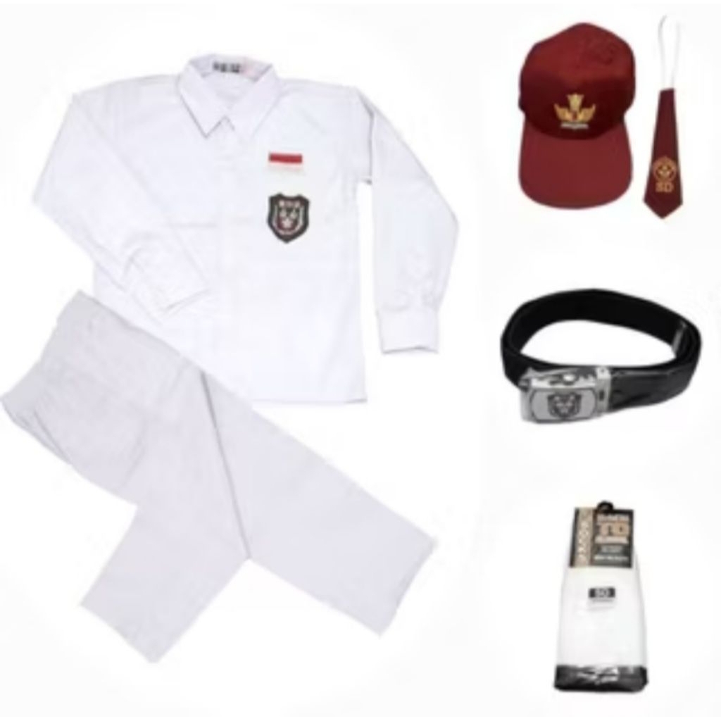 setelan seragam sd laki-laki baju putih panjang celana putih panjang