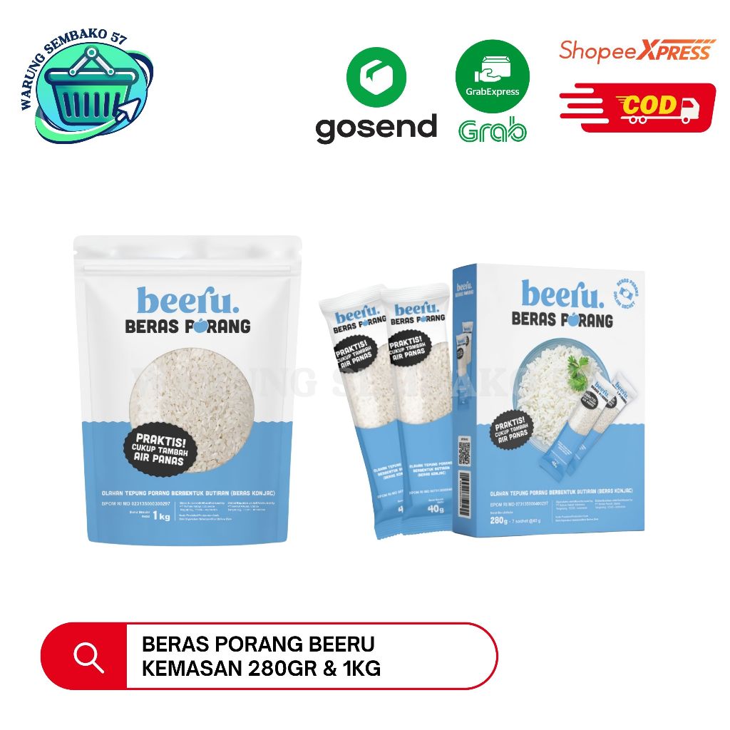 

Beeru Beras Porang 280 gr (7 sachet) & 1kg | Shirataki | Konjac Rice
