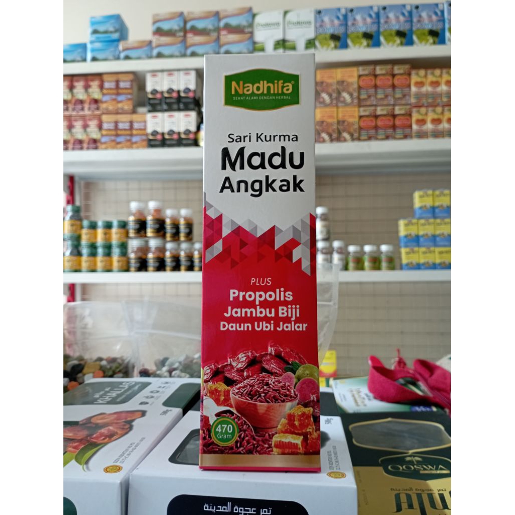 

Nadhifa Sari Kurma Madu Angkak plus herbal Propolis Jambu Biji Daun ubi Jalar