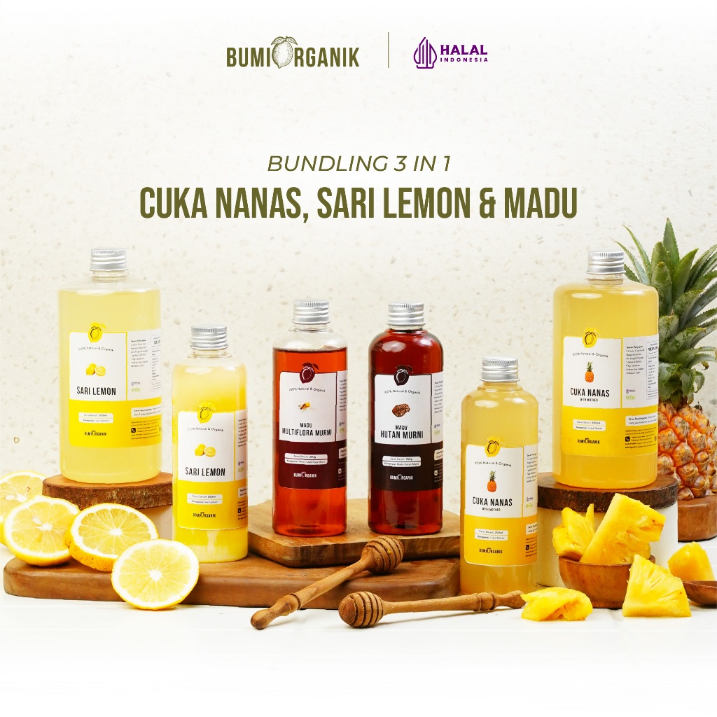 

PAKET 3 IN 1 CUKA NANAS SARI LEMON 500ML MADU HUTAN / MULTIFLORA BUMI ORGANIK UNTUK DIET WAJAH LAMBUNG ORIGINAL HALAL VINEGAR ALAMI PINEAPPLE CIDER VINEGAR WITH MOTHER MADU SUPER ASLI NUTRIFARM BEORGANIK DARIBUMI TAHESTA BRAGG HEINZ HNI ATTAUBAH ALHIDAYAH