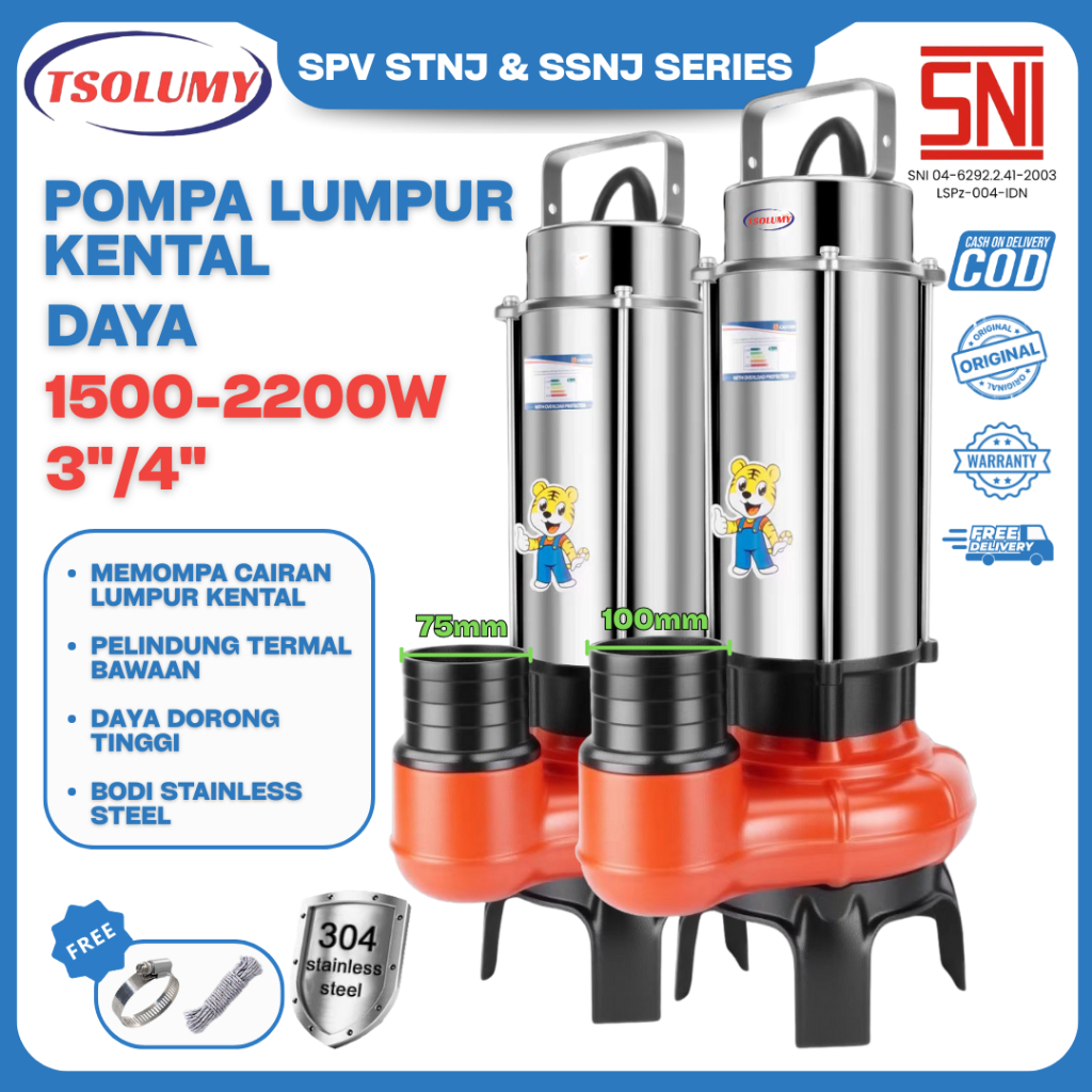 Tsolumy Pompa Celup Air Kotor STNJ/SSNJ Mesin Pompa Pembuangan Besar Limbah Lumpur Padat Septic Tank