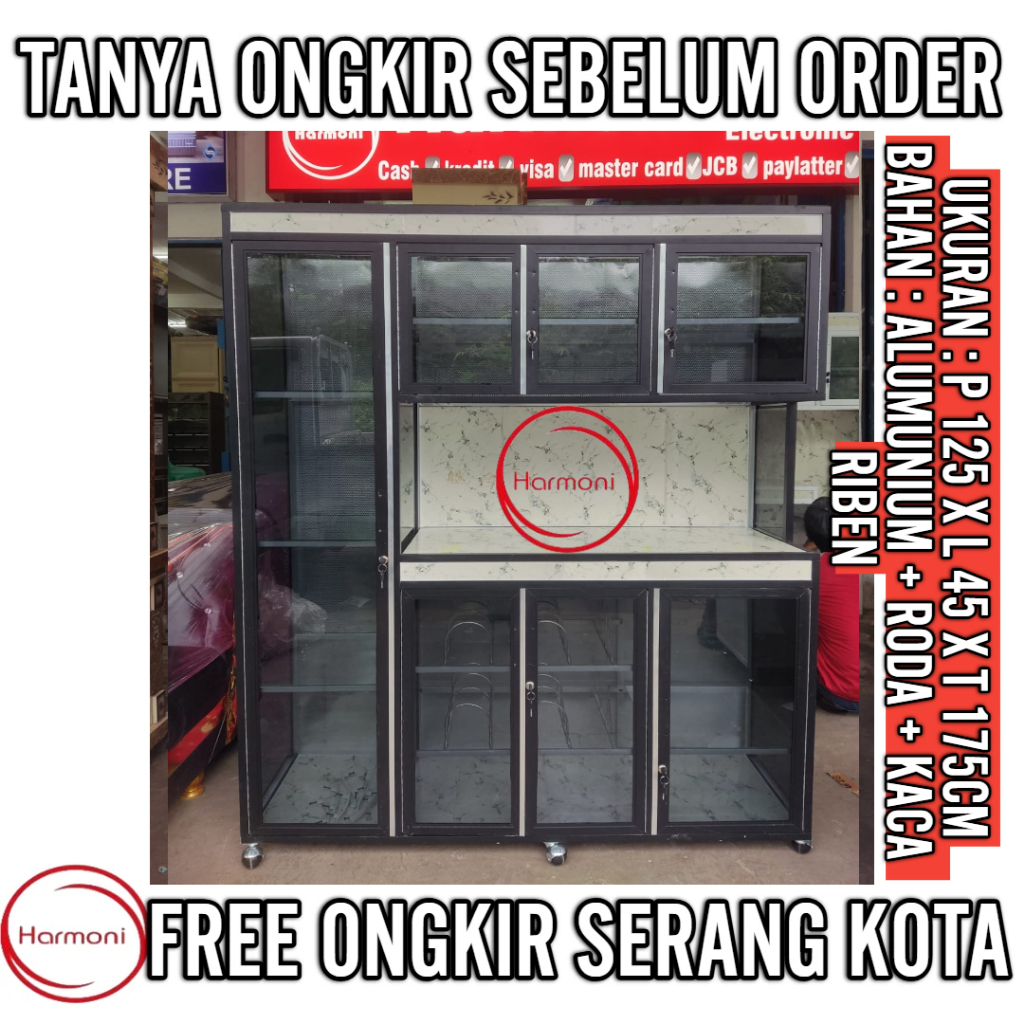 RAK SAYUR ALUMUNIUM 4 PINTU RODA KACA RIBEN UKURAN 125 X 45 X 175CM RAK PIRING ALUMUNIUM 4 PINTU RAK