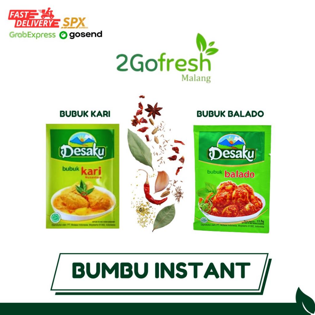 

Bumbu instant Desaku | Kari | Balado | 2Gofresh | Sayuran | Ayam | Ikan | Daging | Dapur | instant | Fresh | Halal |