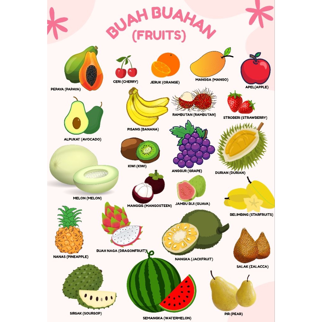 Poster edukasi lengkap/buah buahan lengkap bahasa Inggris