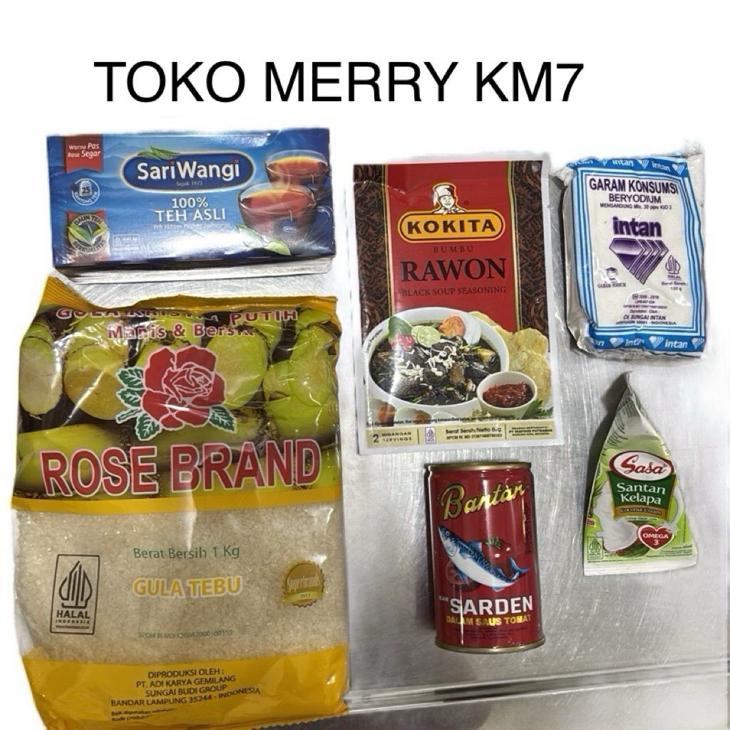 

(C6) Combo Hemat 1kg Rose Brand, 1ktk Teh Sariwangi 25, 1bks Kokita Rawon, 1klg Bantan 155g, 1bks garam intan kecil, 1pcs sasa santan