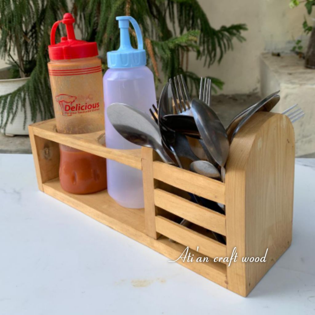 rak botol dan tempat sendok/sedotan display botol rak kayu aesthetic