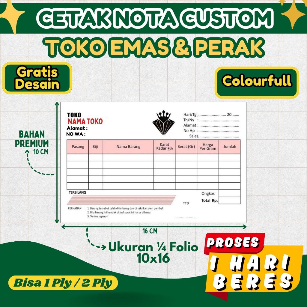 

Cetak Nota Custom Toko Emas & Perak ukuran 1/4 Polio 1 ply dan 2 ply
