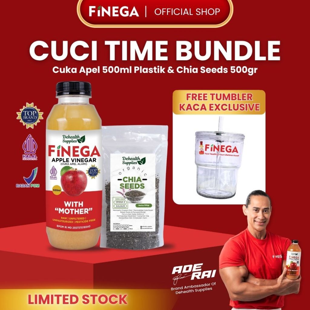 

(CUCI TIME) BUNDLING CUKA APEL 500ML PLASTIK DAN CHIA 500GR FREE GELAS KACA FINEGA