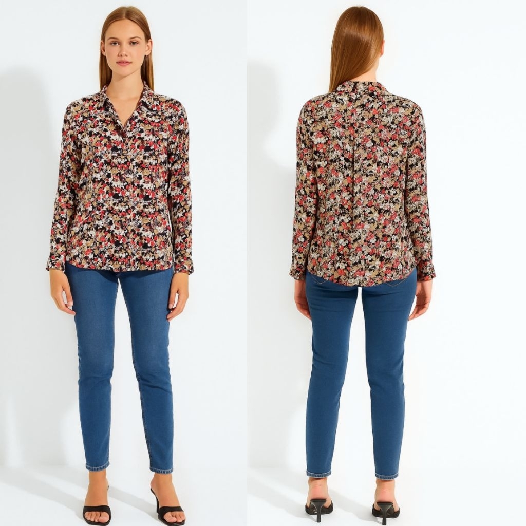 H*M Women Longsleeve Brown Floral Abstract Shirt / Kemeja wanita branded fulltag / Kemeja wanita ter