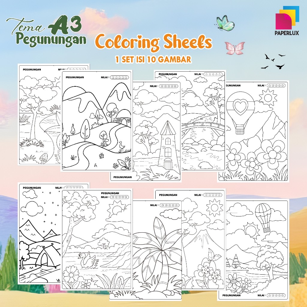 

KERTAS GAMBAR MEWARNAI TEMA PEGUNUNGAN - LEMBAR COLORING SHEETS FOR KIDS ISI 10 LEMBAR [A3] READY