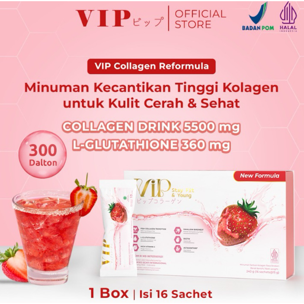 

BIG SALE! NEW FORMULA VIP COLLAGEN 1 BOX 20 Sachet Minuman Serbuk Rasa Strawberry