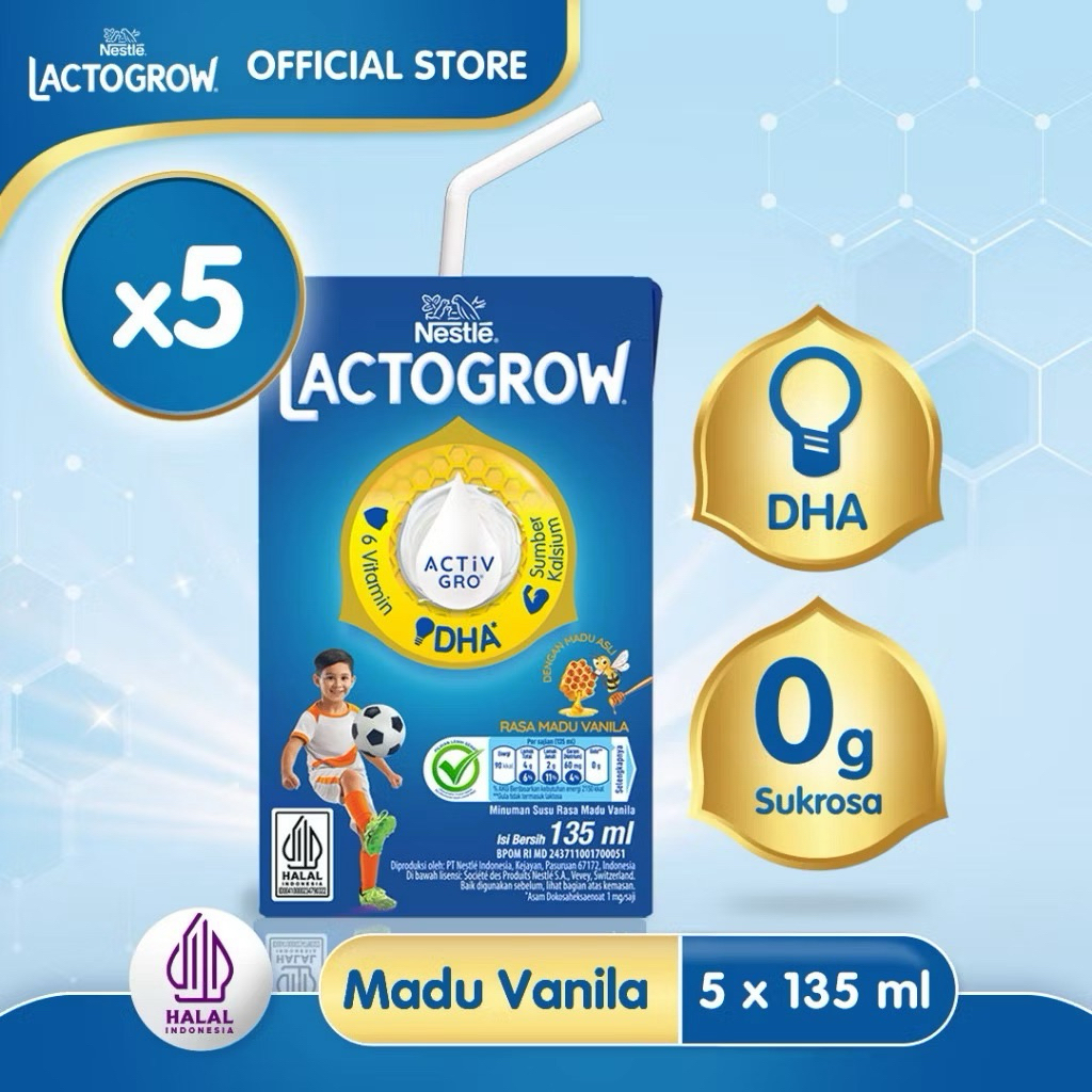 

Exp Jan 2026 - LACTOGROW SUSU UHT RASA MADU VANILA 135ml x5 pcs / LACTOGROW SUSU UHT