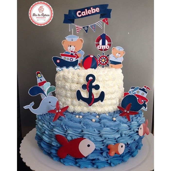 TOPPER TEMA LAUT KAPAL DAN IKAN / Topper Bisa Custom Nama / Hiasan CAKE HAPPY BIRTHDAY