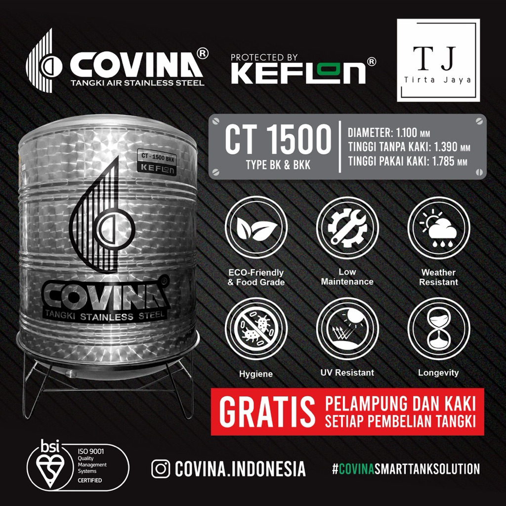 Tangki Air COVINA STAINLESS STEEL CT 1500 BK BKK Tandon Air Toren Air