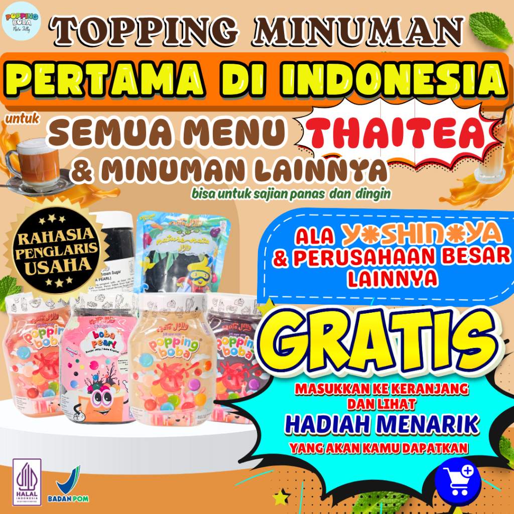 

ToppingMinumanThaiTeaPertamadiIndonesiaTemanUntuk Bubuk Thai Tea Powder Bubble - Topping Minuman 500 Gram untuk Semua Menu Thai Tea - Cendol Kecebong Ala Yoshinoya Grass Jelly Siap Saji Ala Chatime Boba Tapioca Pearl Siap Saji Popping Boba Meletus Dimulu