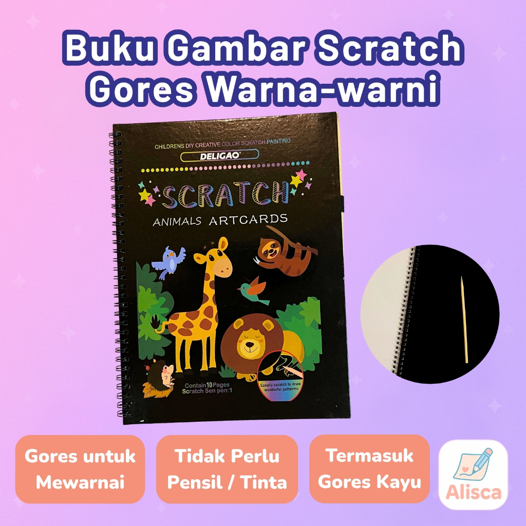 

Scratch Art Book Anak - Deligao Animals Art Isi 10 + Pen Kayu | Buku Gambar Gores Kreatif - Alisca